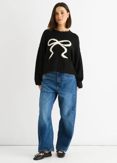 Gini London Black Embossed Contrast Bow Short Knit Jumper