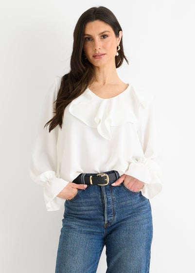 Gini London White Wide Frill Loose Fit Blouse