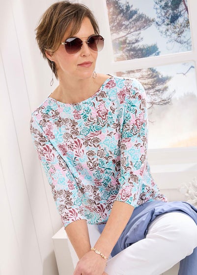 Cotton Traders Ivory 3/4 Sleeve Printed Boat Neck Top