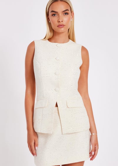 Quiz Cream Boucle Sequin Waistcoat