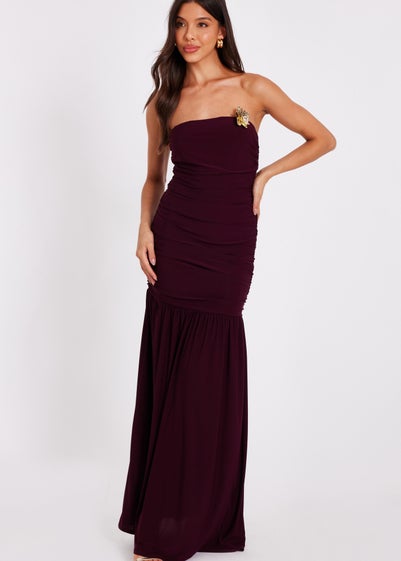 Quiz Burgundy Strapless Corsage Maxi Dress