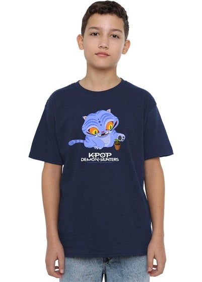 K-Pop Demon Hunters Kids Navy Cute Derpy Tiger T-Shirt (3-13yrs)