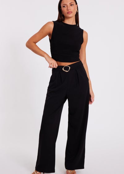 Quiz Black Buckle Front Palazzo Trouser