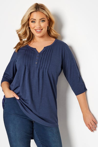 Yours Curve Denim Blue Pintuck Henley T-Shirt