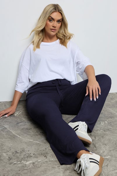 Yours Curve Navy Blue Wide Leg Pull On Stretch Jersey Yoga Pants