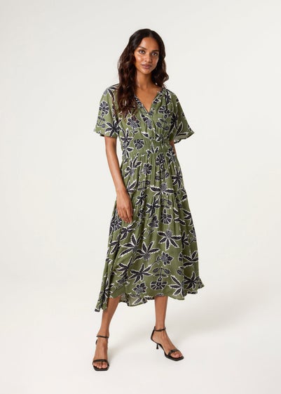 Blue Vanilla Khaki Notch Neck Elastic Tropical Print Dress