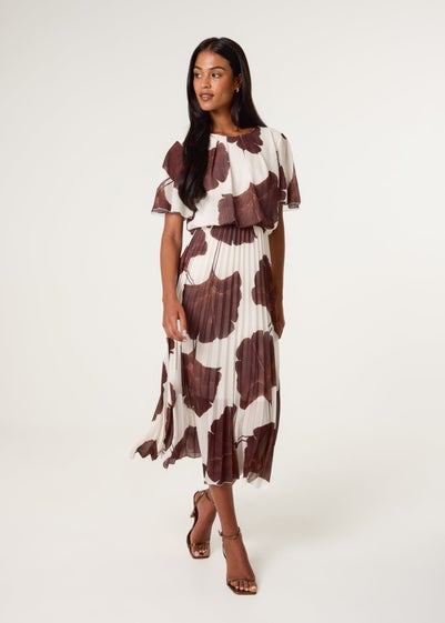 Blue Vanilla Brown Large Floral Print Scoop Neck Pleated Dress