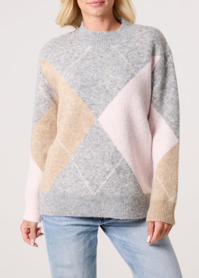 Blue Vanilla Grey Argyle Knitted Crew Neck Jumper