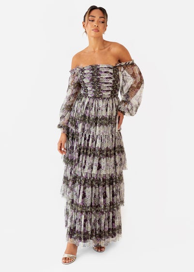 Anaya With Love Floral Lilac Long Sleeve Bardot Maxi Dress