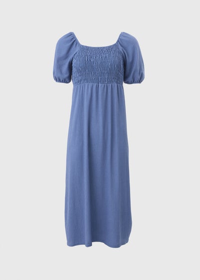 Blue Shirred Midi Dress