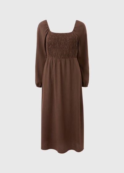 Brown Shirred Midi Dress