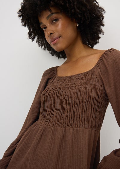 Brown Shirred Midi Dress