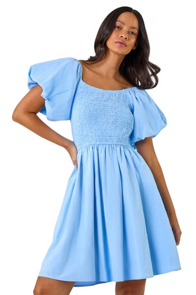 Dusk Light Blue Puff Sleeve Shirred Dress