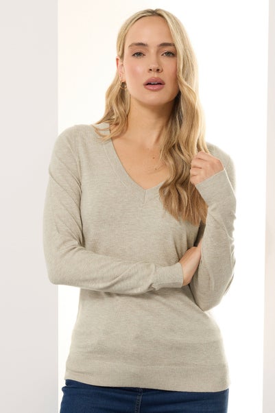 Long Tall Sally Natural Brown Marl Knit V-Neck Jumper