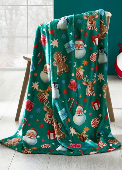 Catherine Lansfield Green Christmas Icons Cosy Fleece Blanket Throw