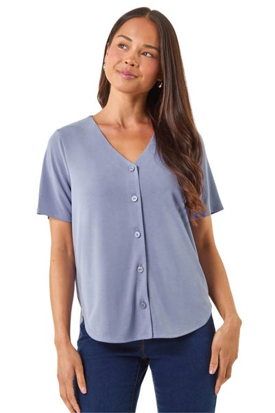 Roman Blue Petite V-Neck Buttoned Blouse