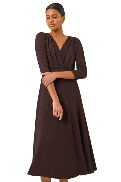 Roman Chocolate Textured Wrap Midi Dress