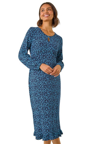 Roman Blue Spot Print Keyhole Midi Dress