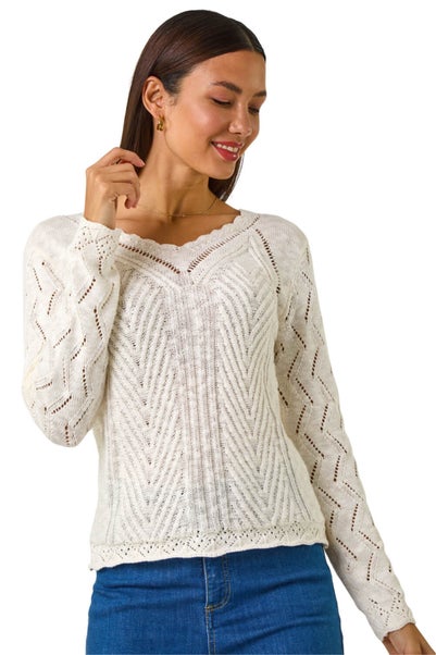 Roman Ivory Scallop V-Neck Knit Jumper