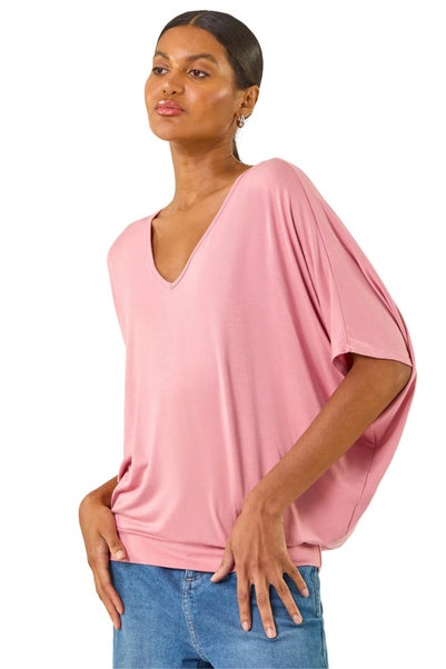 Roman Pink V-Neck Grown On Sleeve Stretch Top
