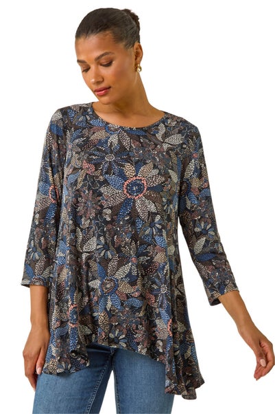 Roman Blue Floral Puff Print Stretch Shirt