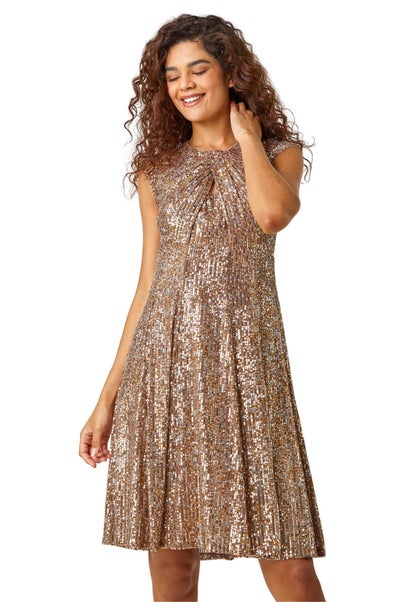 Roman Gold Sequin Twist Front Stretch Dress