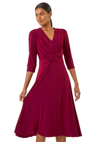 Roman Wine Stretch Crossover Midi Dress