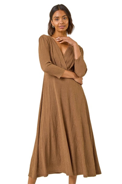 Roman Taupe Textured Wrap Midi Dress