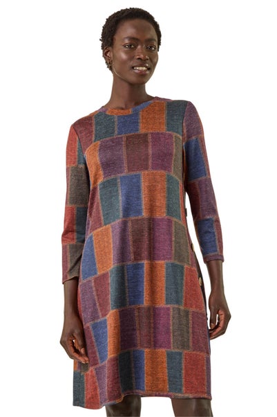 Roman Red Patchwork Button Swing Dress