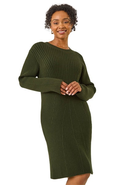 Roman Khaki Petite Ribbed Knitted Dress