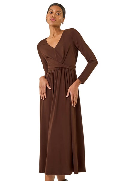 Roman Chocolate Twist Front Stretch Midi Dress