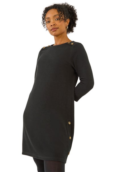 Roman Black Petite Buttoned Stretch Dress