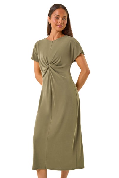 Roman Khaki Petite Twist Front Midi Dress