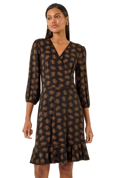 Roman Bronze Leaf Print Wrap Stretch Dress