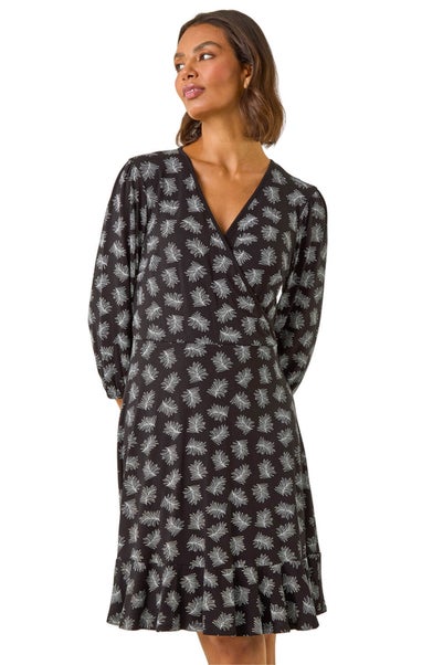 Roman Black Leaf Print Wrap Stretch Dress