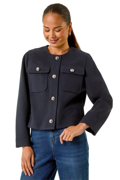 Roman Navy Petite Button Up Pocket Jacket