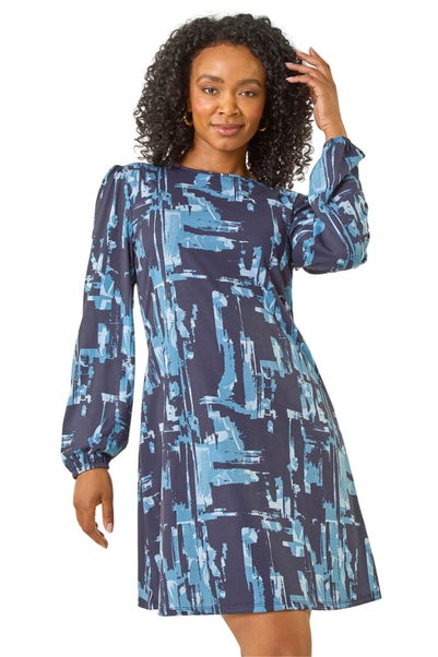 Roman Blue Petite Abstract Swing Dress