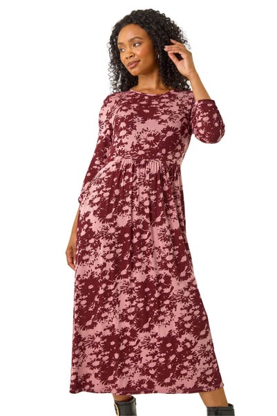 Roman Wine Petite Floral Abstract Stretch Midi Dress