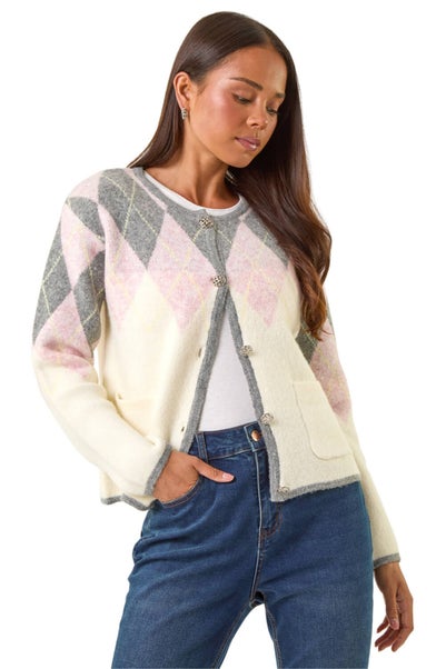 Roman Ivory Petite Buttoned Argyle Knit Cardigan