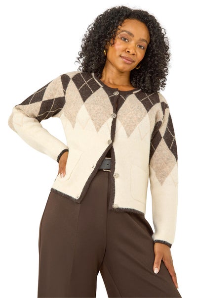 Roman Natural Petite Buttoned Argyle Knit Cardigan