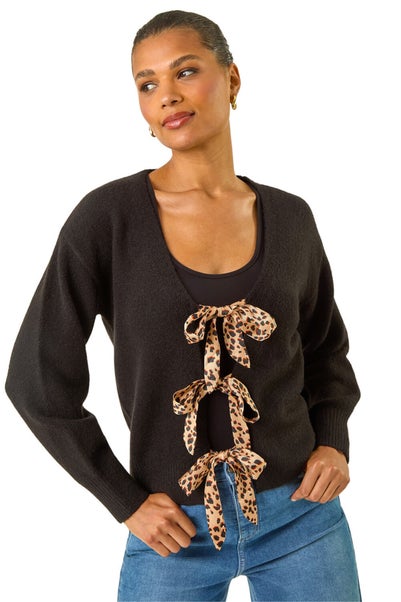 Roman Black Animal Tie Front Knit Cardigan