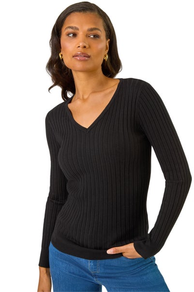 Roman Black V-Neck Ribbed Knit Jumper