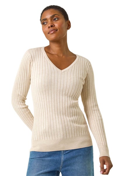 Roman Ivory V-Neck Ribbed Knit Jumper