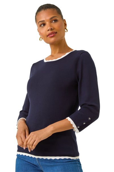 Roman Navy Scallop Neck Button Knit Jumper