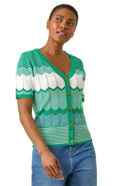Roman Green Wave Stitch Button Knit Jumper