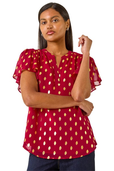 Roman Red Polka Dot Print V-Neck Top
