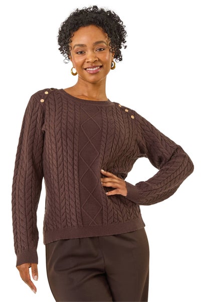 Roman Chocolate Petite Button Cable Knit Jumper