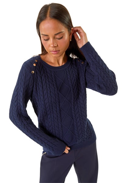 Roman Navy Petite Button Cable Knit Jumper