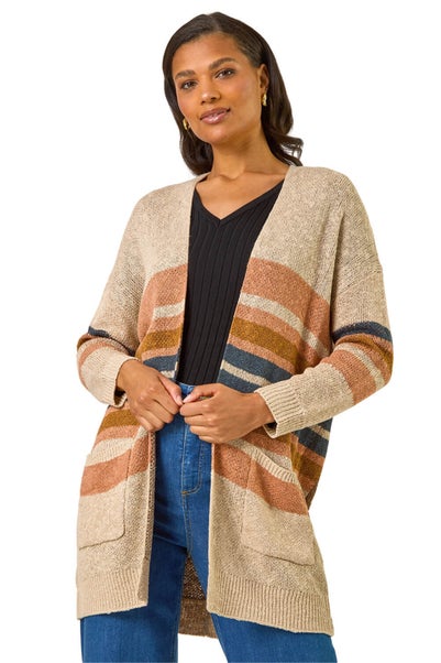 Roman Camel Stripe Knit Longline Cardigan