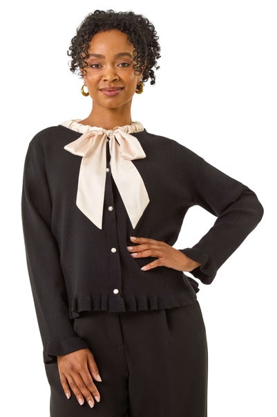 Roman Black Petite Tie Neck Frill Hem Cardigan